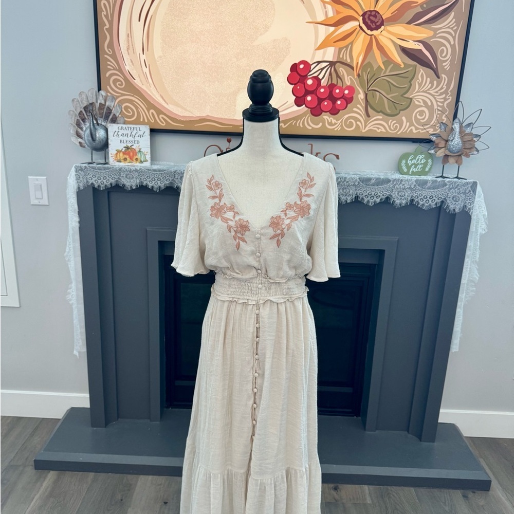 Flying Tomato Cream Maxi Dress with Dusty Rose Embroidery